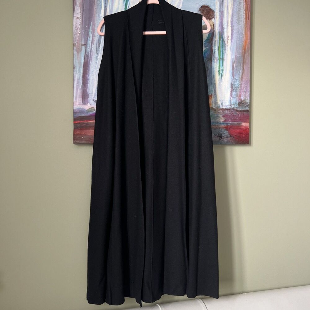 Eileen Fisher Sz S-M 100% Wool Long Vest Black Open Front Minimalist EXCELLENT